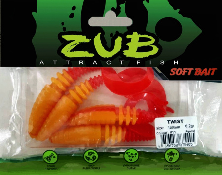 Приманка ZUB-TWIST 100мм(4")-4шт, (цвет 011) желтое тело-красный хвост