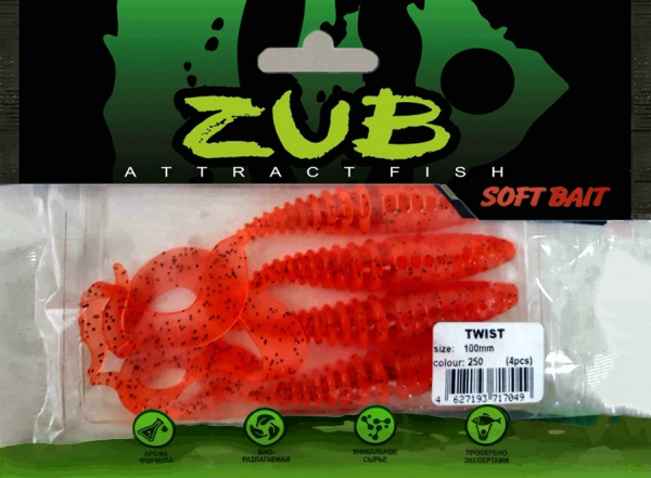 Приманка ZUB-TWIST 100мм(4")-4шт, (цвет 250) морковный с блестками