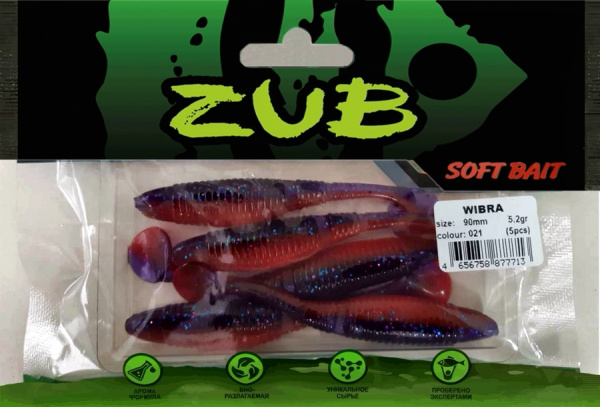 Приманка ZUB-WIBRA  90мм(3,5")-5шт, (цвет 021) фиолетовый верх-красный низ Приманка ZUB-WIBRA  90мм(3,5")-5шт, (цвет 021) фиолетовый верх-красный низ