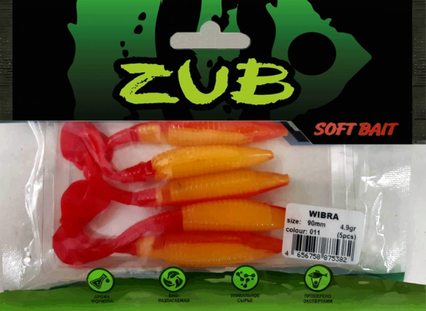 Приманка ZUB-WIBRA  90мм(3,5")-5шт, (цвет 011) желтое тело-красный хвост Приманка ZUB-WIBRA  90мм(3,5")-5шт, (цвет 011) желтое тело-красный хвост