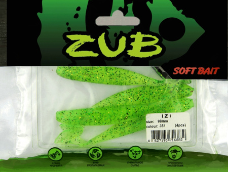 Приманка ZUB-IZI  99мм(4")-4шт, (цвет 351) шартрез с блестками