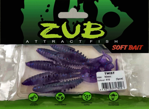 Приманка ZUB-TWIST  90мм(3,5")-5шт, (цвет 610) фиолетовый с блестками Приманка ZUB-TWIST  90мм(3,5")-5шт, (цвет 610) фиолетовый с блестками