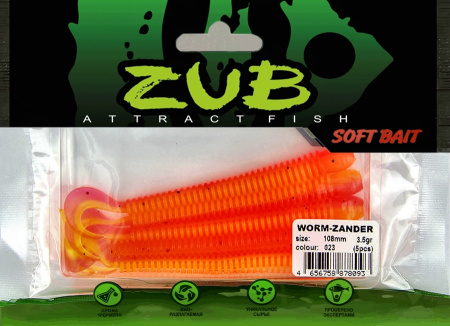 Приманка ZUB-WORM-ZANDER 108мм(4,3")-5шт, (цвет 023) розовый верх - желтый низ