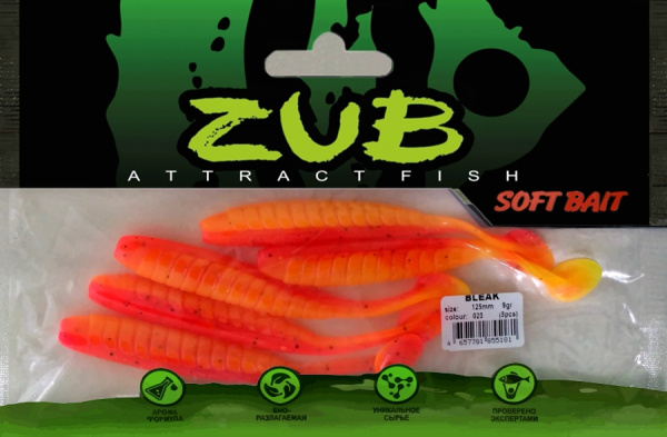 Приманка ZUB-BLEAK 125мм(4,8")-5шт, (цвет 023) розовый верх - желтый низ