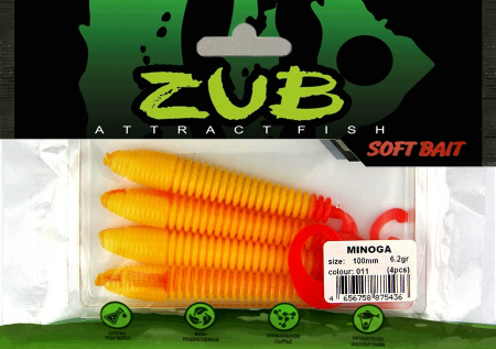 Приманка ZUB-MINOGA 100мм(4")-4шт, (цвет 011) желтое тело-красный хвост