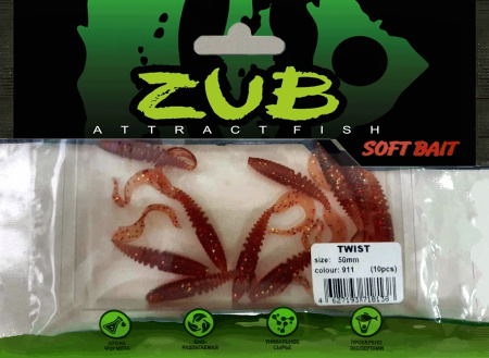 Приманка ZUB-TWIST  50мм(2")-10шт, (цвет 911) машинное масло с блестками