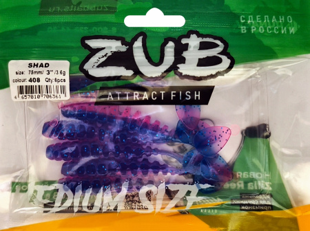Приманка ZUB-SHAD  75мм(3")-6шт, (Цвет 408) синий верх - розовый низ