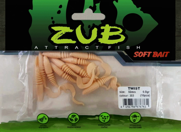 Приманка ZUB-TWIST  50мм(2")-10шт, (цвет 303) телесный Приманка ZUB-TWIST  50мм(2")-10шт, (цвет 303) телесный