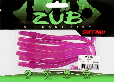Приманка ZUB-WORM  75мм(3")-7шт, (цвет 130) маджента с блестками