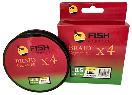 Плетёный шнур из 4-х нитей, FISH CRYSTAL жёлтый, 0.10мм, 150м, 4,5кг
