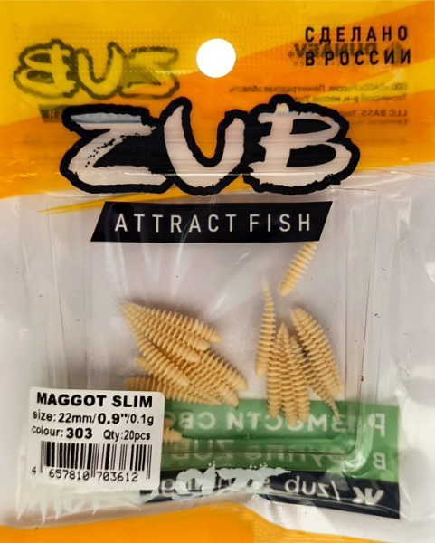 Приманка ZUB-MAGGOT SLIM 22мм(0,9")-20шт, (цвет 303) телесный