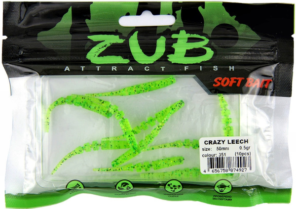 Приманка ZUB-CRAZY LEECH 50мм(2")-10шт, (цвет 351) шартрез с блестками