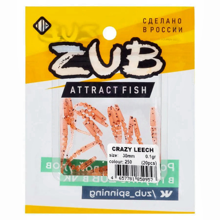 Приманка ZUB-CRAZY LEECH 30мм(1,2")-20шт, (цвет 250) морковный с блестками