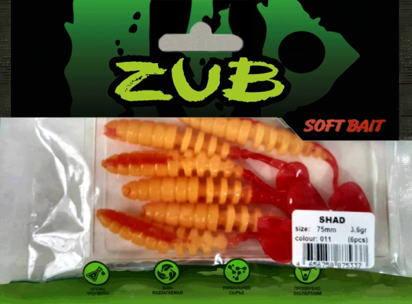 Приманка ZUB-SHAD  75мм(3")-6шт, (цвет 011) желтое тело - красный хвост Приманка ZUB-SHAD  75мм(3")-6шт, (цвет 011) желтое тело - красный хвост