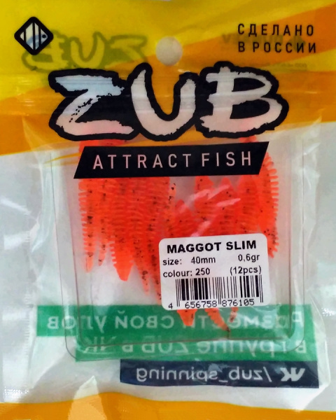 Приманка ZUB-MAGGOT SLIM 40мм(1,5")-12шт, (цвет 250) морковный с блестками Приманка ZUB-MAGGOT SLIM 40мм(1,5")-12шт, (цвет 250) морковный с блестками