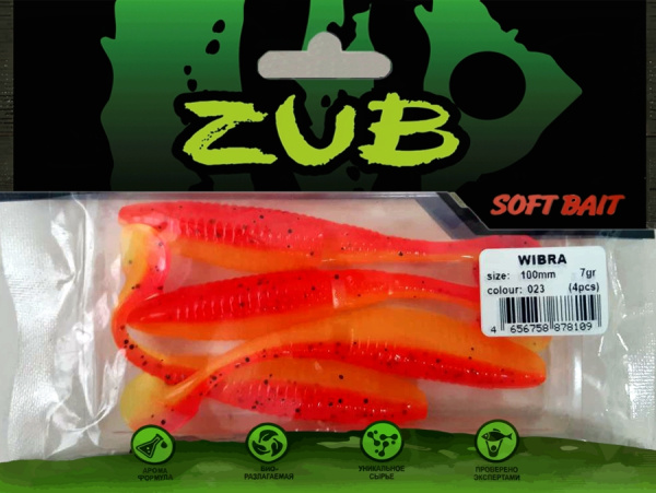 Приманка ZUB-WIBRA 100мм(4")-4шт, (цвет 023) розовый верх - желтый низ Приманка ZUB-WIBRA 100мм(4")-4шт, (цвет 023) розовый верх - желтый низ