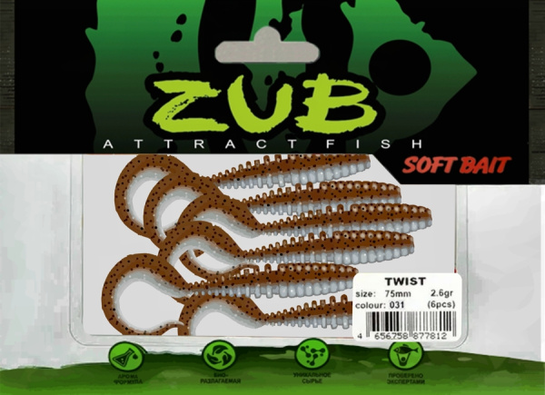 Приманка ZUB-TWIST  75мм(3")-6шт, (цвет 031) карамель верх-натурал низ Приманка ZUB-TWIST  75мм(3")-6шт, (цвет 031) карамель верх-натурал низ
