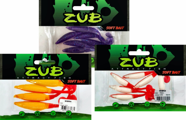 Приманка ZUB-WIBRA  75мм(3")-6шт, (цвет 036) фиолетовый верх-натурал низ