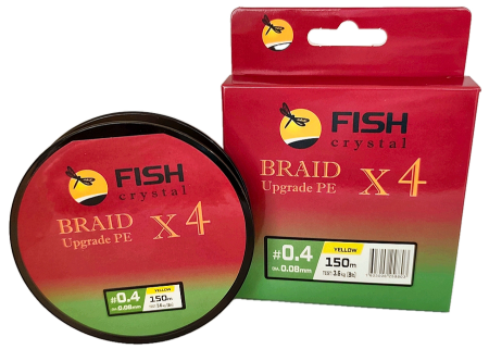 Плетёный шнур из 4-х нитей, FISH CRYSTAL жёлтый, 0.08мм, 150м, 3,6кг