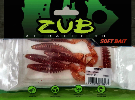 Приманка ZUB-TWIST  75мм(3")-6шт, (цвет 911) машинное масло с блестками