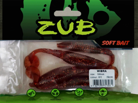 Приманка ZUB-WIBRA 100мм(4")-4шт, (цвет 911) машинное масло с блестками