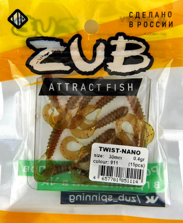 Приманка ZUB-TWIST-NANO  30мм(1,2")-15шт, (цвет 911) машинное масло с блестками