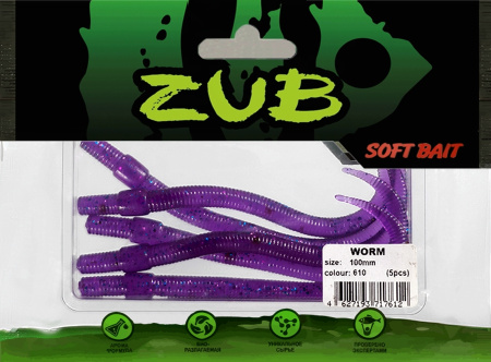 Приманка ZUB-WORM 100мм(4")-5шт, (цвет 610) фиолетовый с блестками