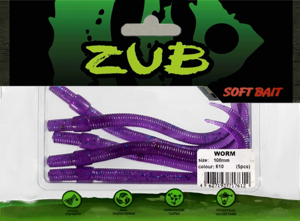 Приманка ZUB-WORM 100мм(4")-5шт, (цвет 610) фиолетовый с блестками Приманка ZUB-WORM 100мм(4")-5шт, (цвет 610) фиолетовый с блестками