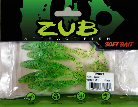 Приманка ZUB-TWIST  90мм(3,5")-5шт, (цвет 351) шартрез с блестками