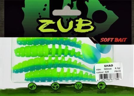 Приманка ZUB-SHAD 100мм(4")-4шт, (цвет 020) синий верх - желтый низ
