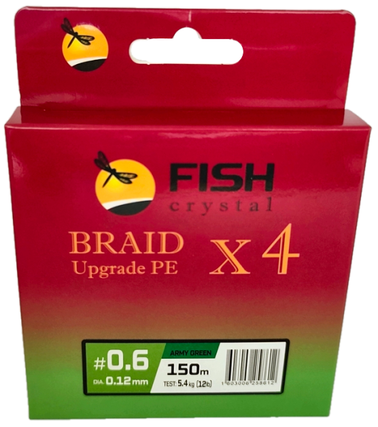 Плетёный шнур из 4-х нитей, FISH CRYSTAL зелёный, 0.12мм, 150м, 5,4кг