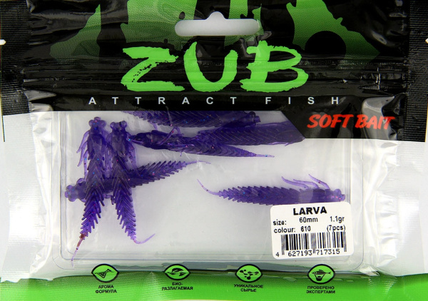 Приманка ZUB-LARVA  60мм(2,4")-7шт, (цвет 610) фиолетовый с блестками Приманка ZUB-LARVA  60мм(2,4")-7шт, (цвет 610) фиолетовый с блестками