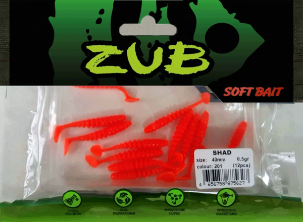 Приманка ZUB-SHAD  40мм(1,5")-12шт, (цвет 201) оранжевый Приманка ZUB-SHAD  40мм(1,5")-12шт, (цвет 201) оранжевый