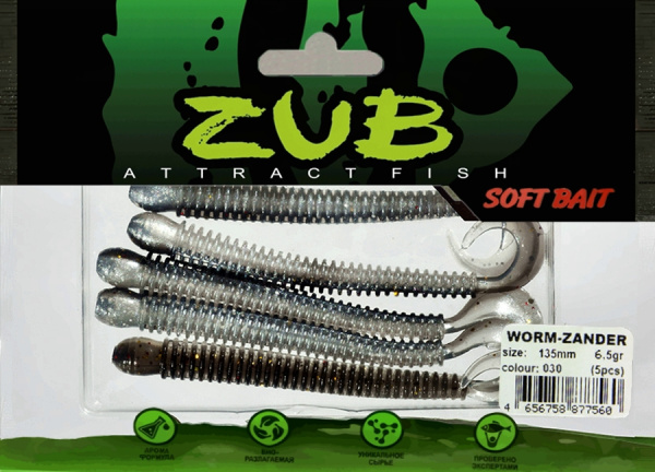 Приманка ZUB-WORM-ZANDER 135мм(5,3")-5шт, (цвет 030) черный верх-натурал низ Приманка ZUB-WORM-ZANDER 135мм(5,3")-5шт, (цвет 030) черный верх-натурал низ