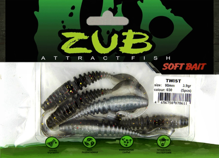 Приманка ZUB-TWIST  90мм(3,5")-5шт, (цвет 030) черный верх-натурал низ