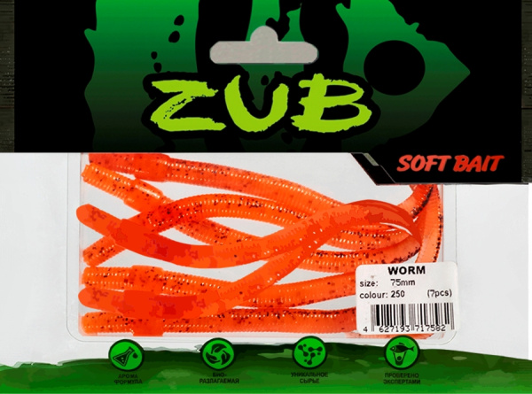 Приманка ZUB-WORM  75мм(3")-7шт, (цвет 250) морковный с блестками Приманка ZUB-WORM  75мм(3")-7шт, (цвет 250) морковный с блестками