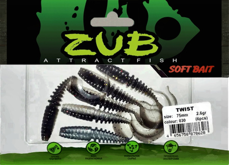 Приманка ZUB-TWIST  75мм(3")-6шт, (цвет 030) черный верх-натурал низ