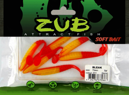 Приманка ZUB-BLEAK  75мм(3")-6шт, (цвет 011) желтое тело - красный хвост