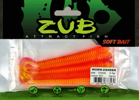 Приманка ZUB-WORM-ZANDER 135мм(5,3")-5шт, (цвет 023) розовый верх - желтый низ (в)