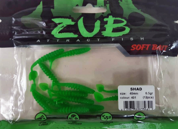 Приманка ZUB-SHAD  40мм(1,5")-12шт, (цвет 401) зеленый Приманка ZUB-SHAD  40мм(1,5")-12шт, (цвет 401) зеленый