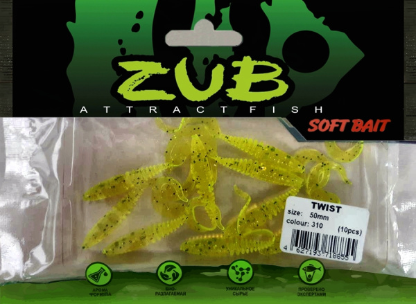 Приманка ZUB-TWIST  50мм(2")-10шт, (цвет 310) желтый с блестками Приманка ZUB-TWIST  50мм(2")-10шт, (цвет 310) желтый с блестками
