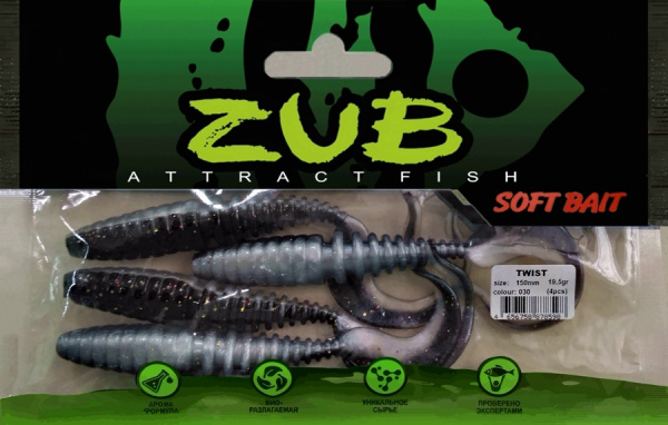 Приманка ZUB-TWIST 150мм(5,9")-4шт, (цвет 030) черный верх-натурал низ Приманка ZUB-TWIST 150мм(5,9")-4шт, (цвет 030) черный верх-натурал низ
