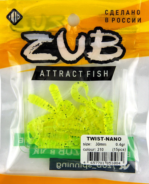 Приманка ZUB-TWIST-NANO  30мм(1,2")-15шт, (цвет 310) желтый с блестками Приманка ZUB-TWIST-NANO  30мм(1,2")-15шт, (цвет 310) желтый с блестками