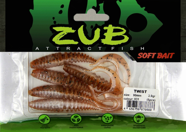 Приманка ZUB-TWIST  90мм(3,5")-5шт, (цвет 031) карамель верх-натурал низ Приманка ZUB-TWIST  90мм(3,5")-5шт, (цвет 031) карамель верх-натурал низ