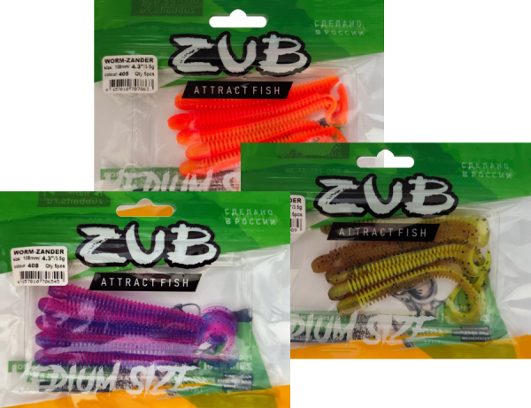 Приманка ZUB-WORM-ZANDER 108мм(4,3")-5шт, (Цвет 407)зеленый верх - желтый низ