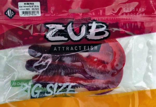 Приманка ZUB-HIBINA 140мм(5,5")-3шт, (цвет 021) фиолетовый верх-красный низ