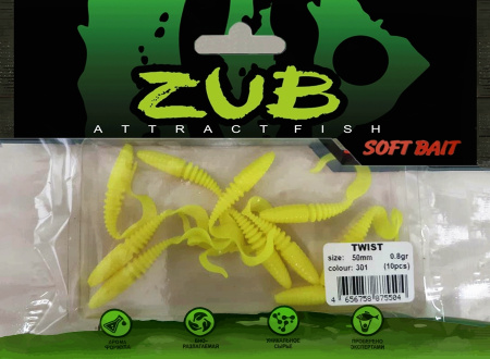 Приманка ZUB-TWIST  50мм(2")-10шт, (цвет 301) желтый