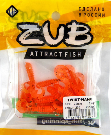 Приманка ZUB-TWIST-NANO  30мм(1,2")-15шт, (цвет 250) морковный с блестками