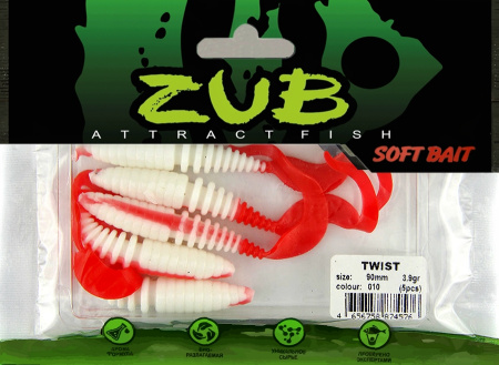 Приманка ZUB-TWIST  90мм(3,5")-5шт, (цвет 011) желтое тело-красный хвост