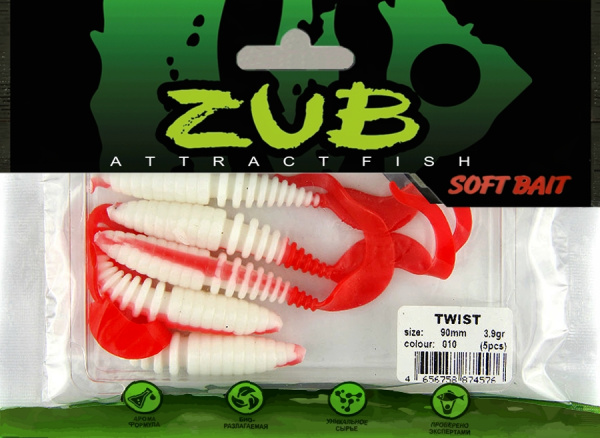 Приманка ZUB-TWIST  90мм(3,5")-5шт, (цвет 011) желтое тело-красный хвост Приманка ZUB-TWIST  90мм(3,5")-5шт, (цвет 011) желтое тело-красный хвост